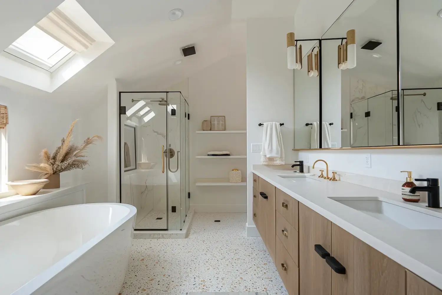 Bright modern bathroom with white vanity and tiled shower