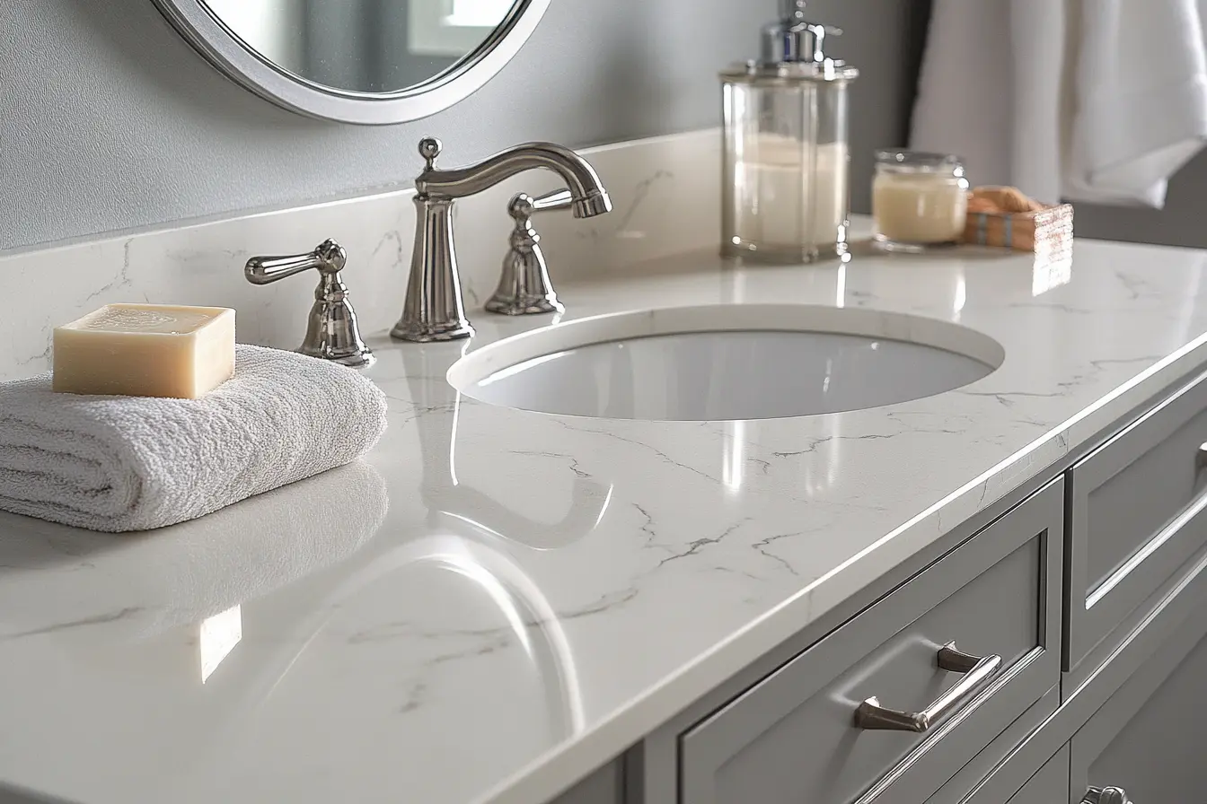 Quartz countertop close-up with veined stone surface