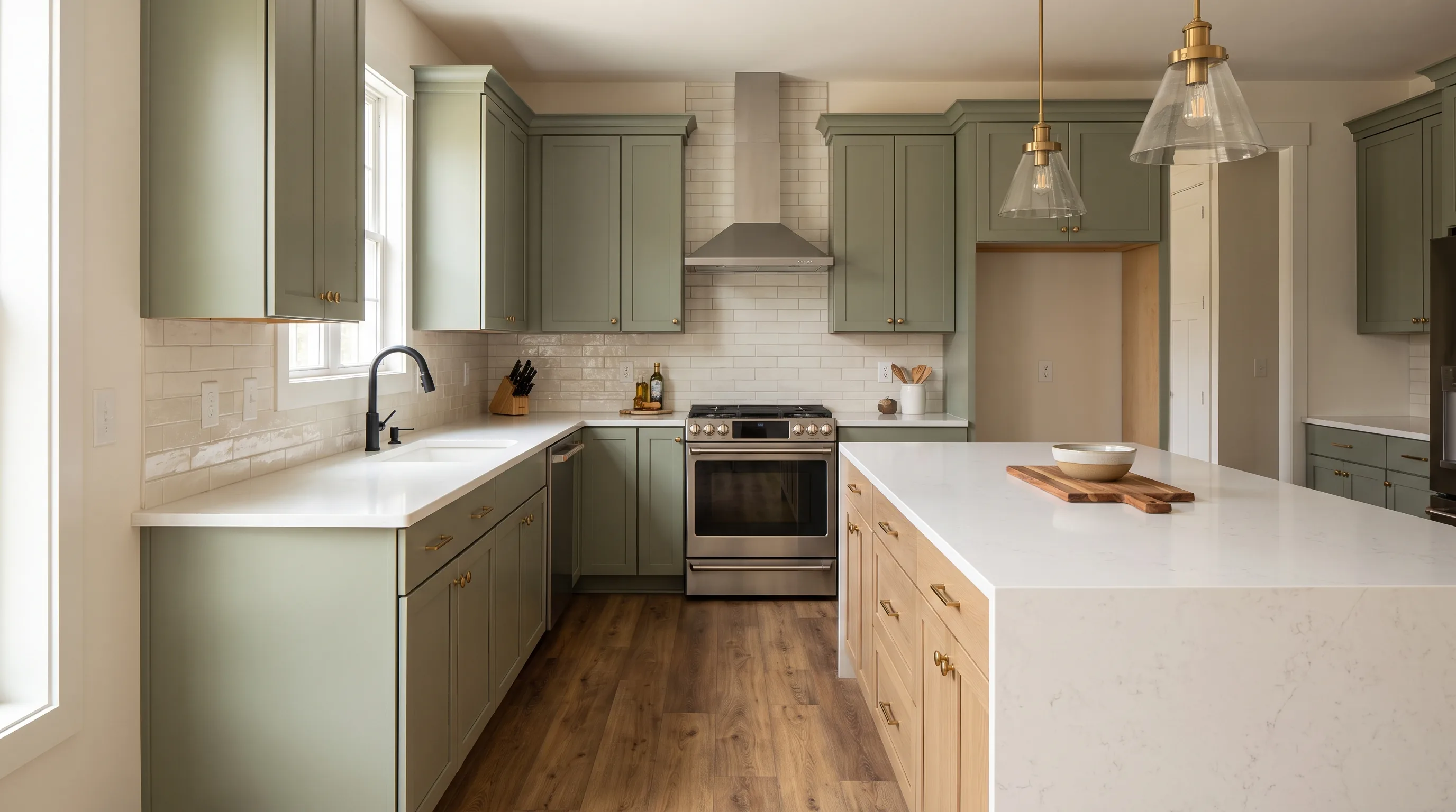 Transitional kitchen with sage-green shaker cabinets, white-oak island, and quartz counters