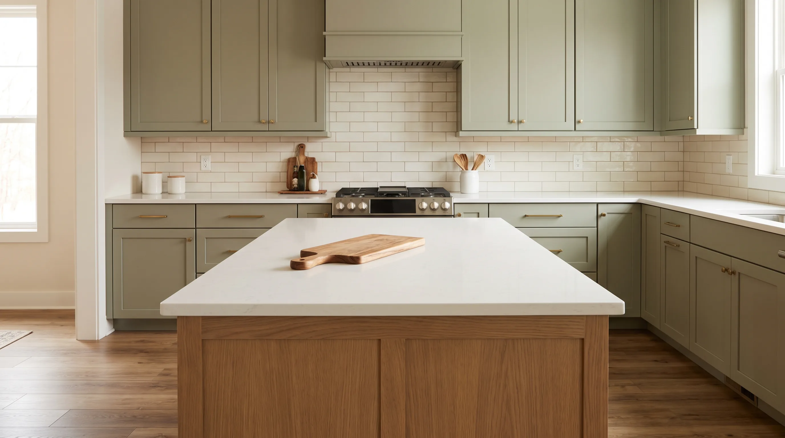 Kitchen with custom cabinetry, a quartz countertop, and a solid-wood island, measured to fit the space