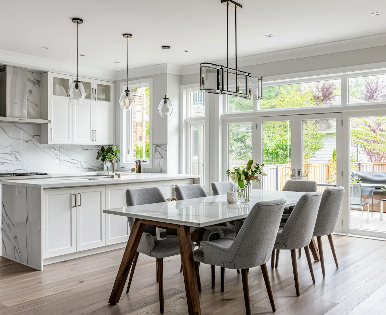Modern kitchen remodel with island seating and pendant lighting