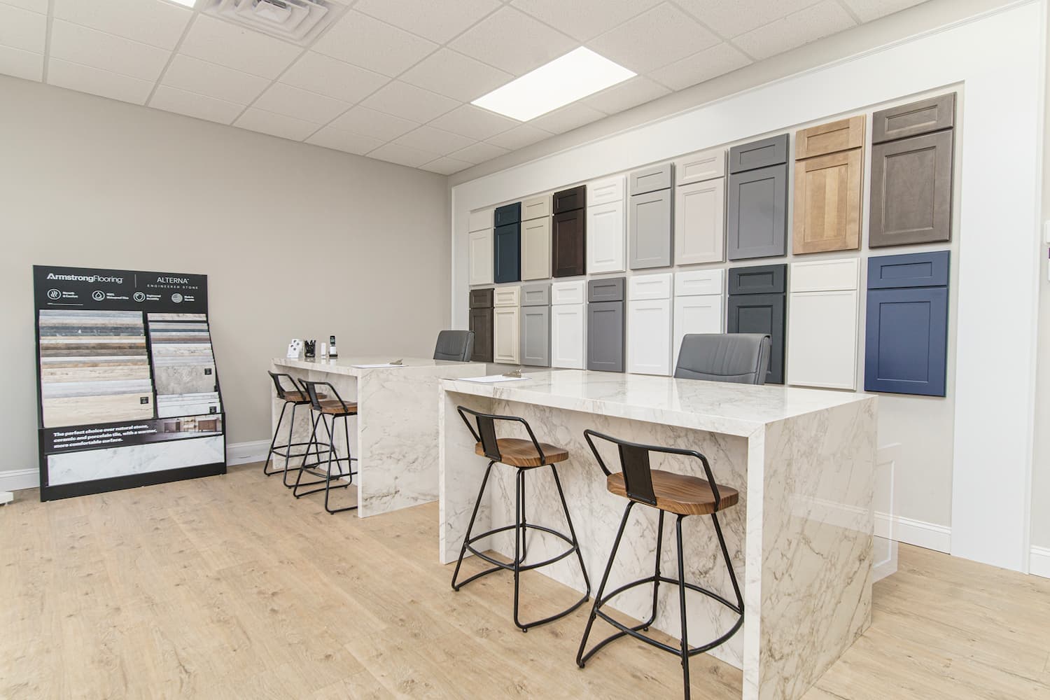 Honeycutt Group showroom desks with cabinet samples displayed