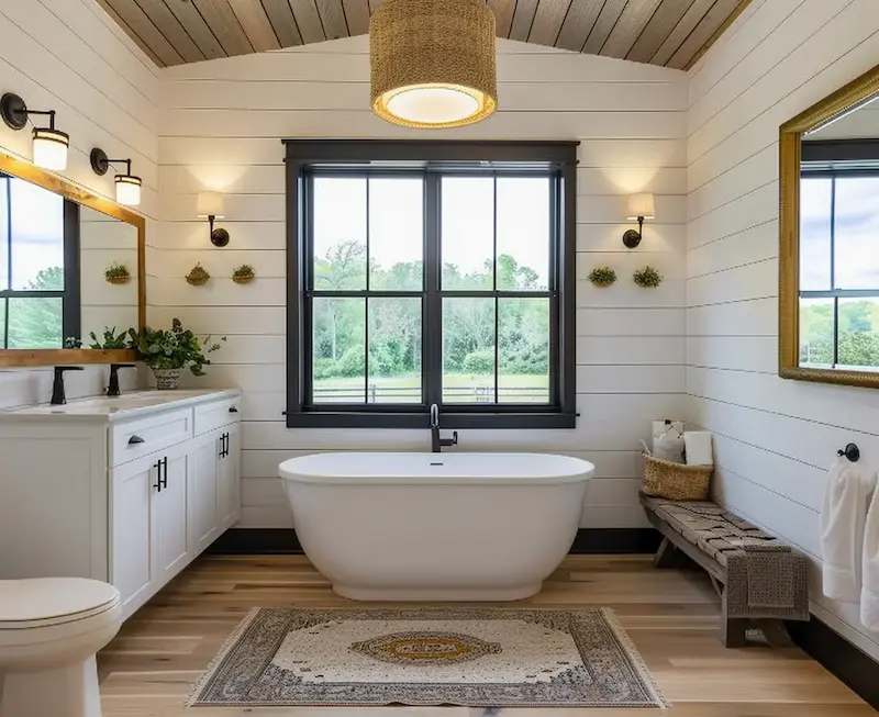 Modern bathroom with freestanding tub, glass shower, wood vanity, and large window