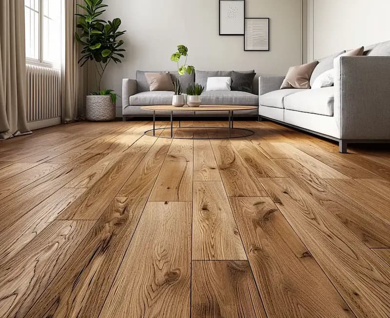 Elegant living room with wide plank wood flooring, modern gray sofa, and minimalist coffee table