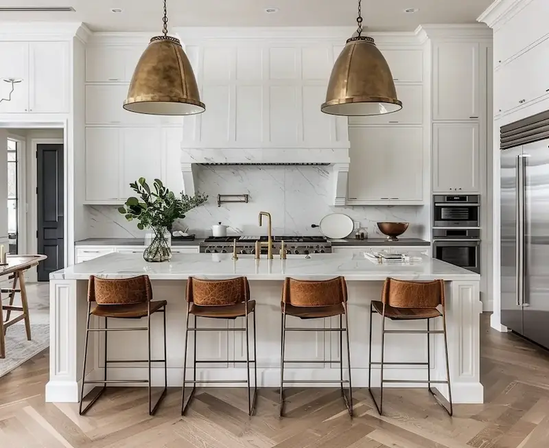 Luxurious kitchen with white cabinets, marble countertops, and large island with leather bar stools