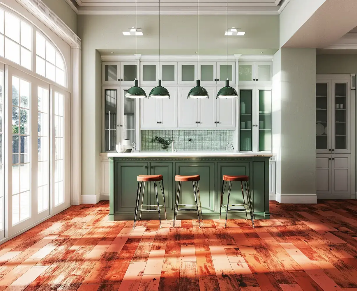 Modern kitchen with green and white cabinetry, three green pendant lights, and red wide plank floors