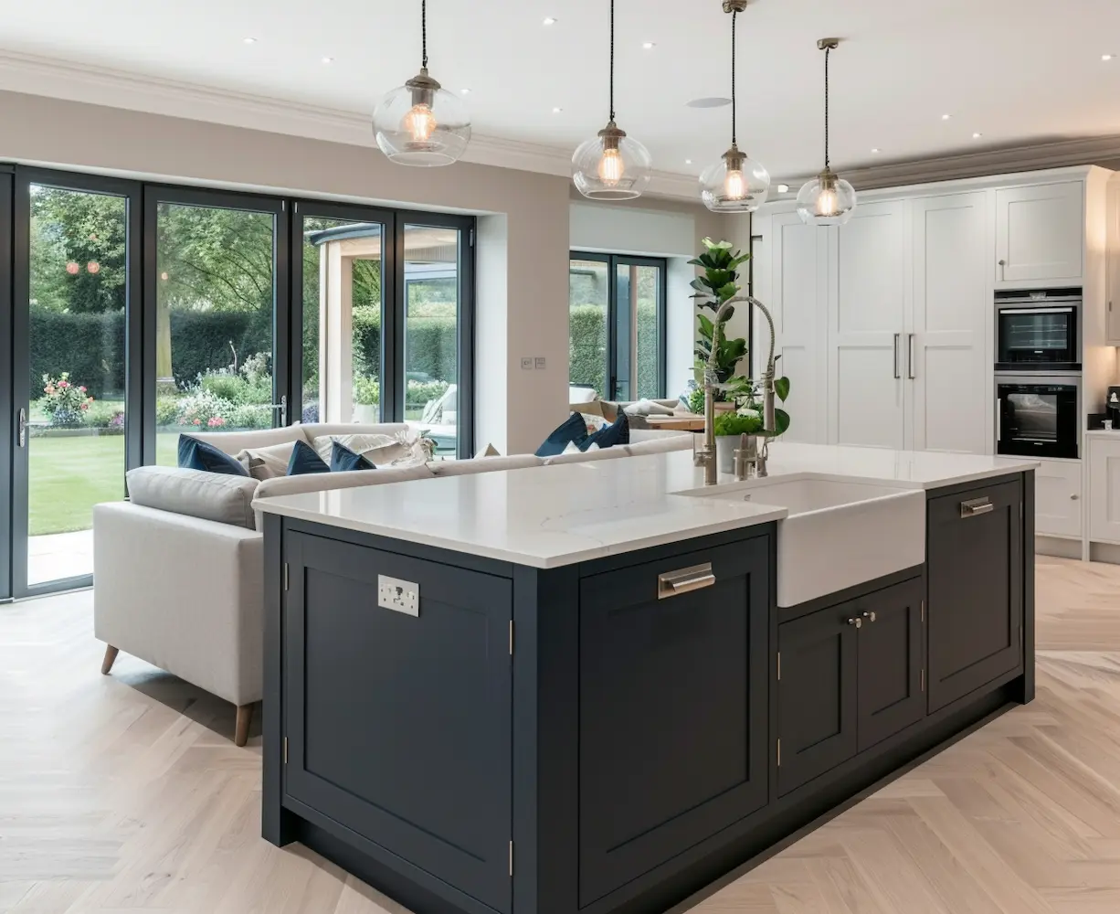 Modern kitchen with dark blue island, white countertops, farmhouse sink, pendant lighting, and open living area with large windows