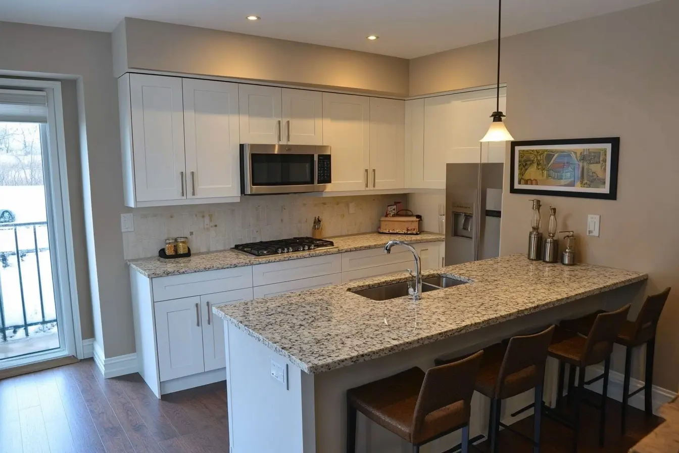 Modern kitchen with white cabinets and a granite countertop island, featuring stainless appliances