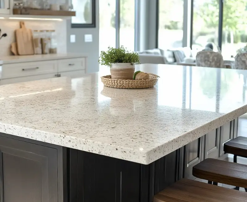 Modern kitchen island with speckled quartz countertop, dark base cabinetry, and a woven basket centerpiece for a polished look