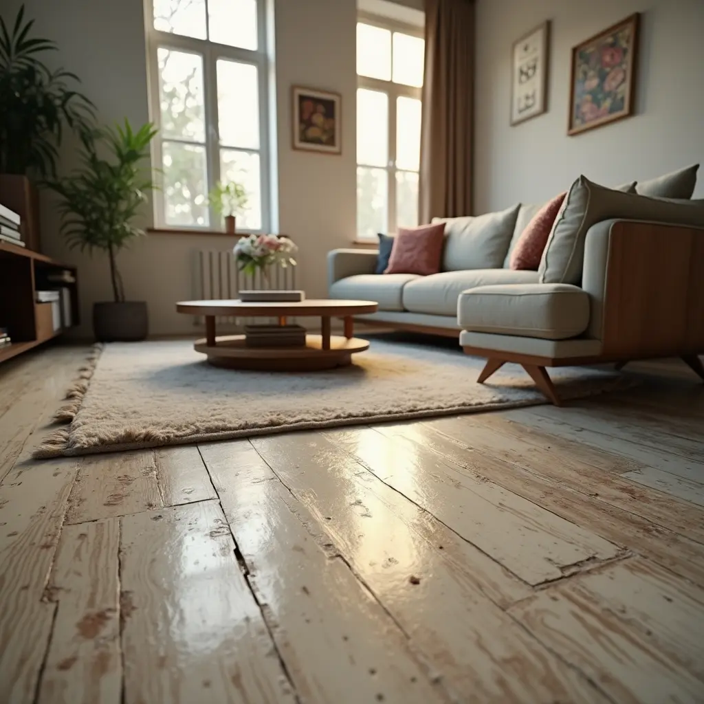 Modern living room with outdated, worn wooden floors that are ready to be replaced