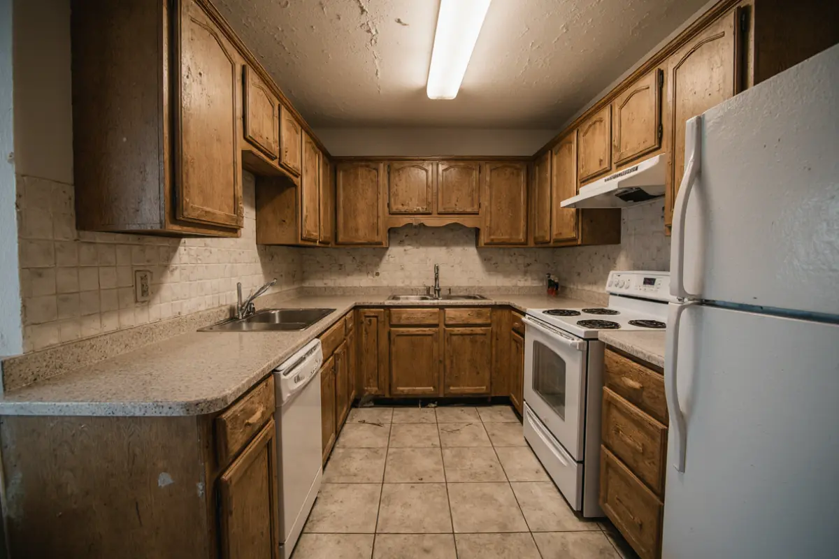 Outdated U-shaped kitchen with dark wood cabinets, tile floors, and white appliances