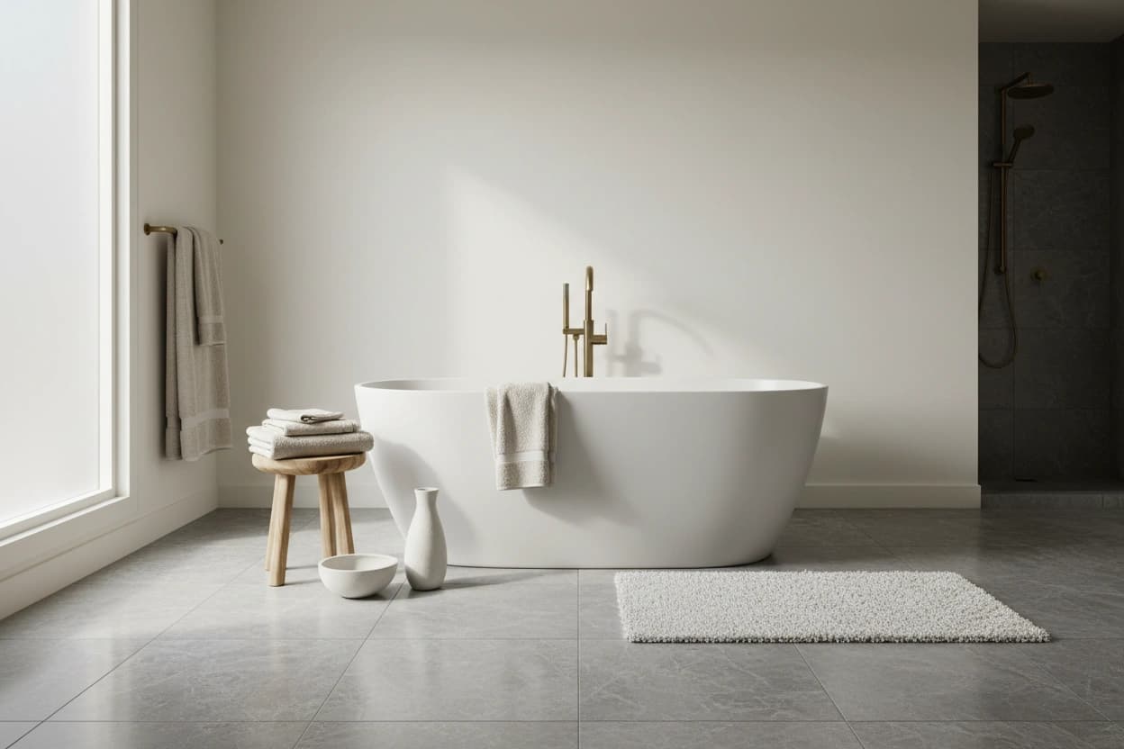 Minimalist bathroom with a freestanding white tub, brass filler, and gray stone tile