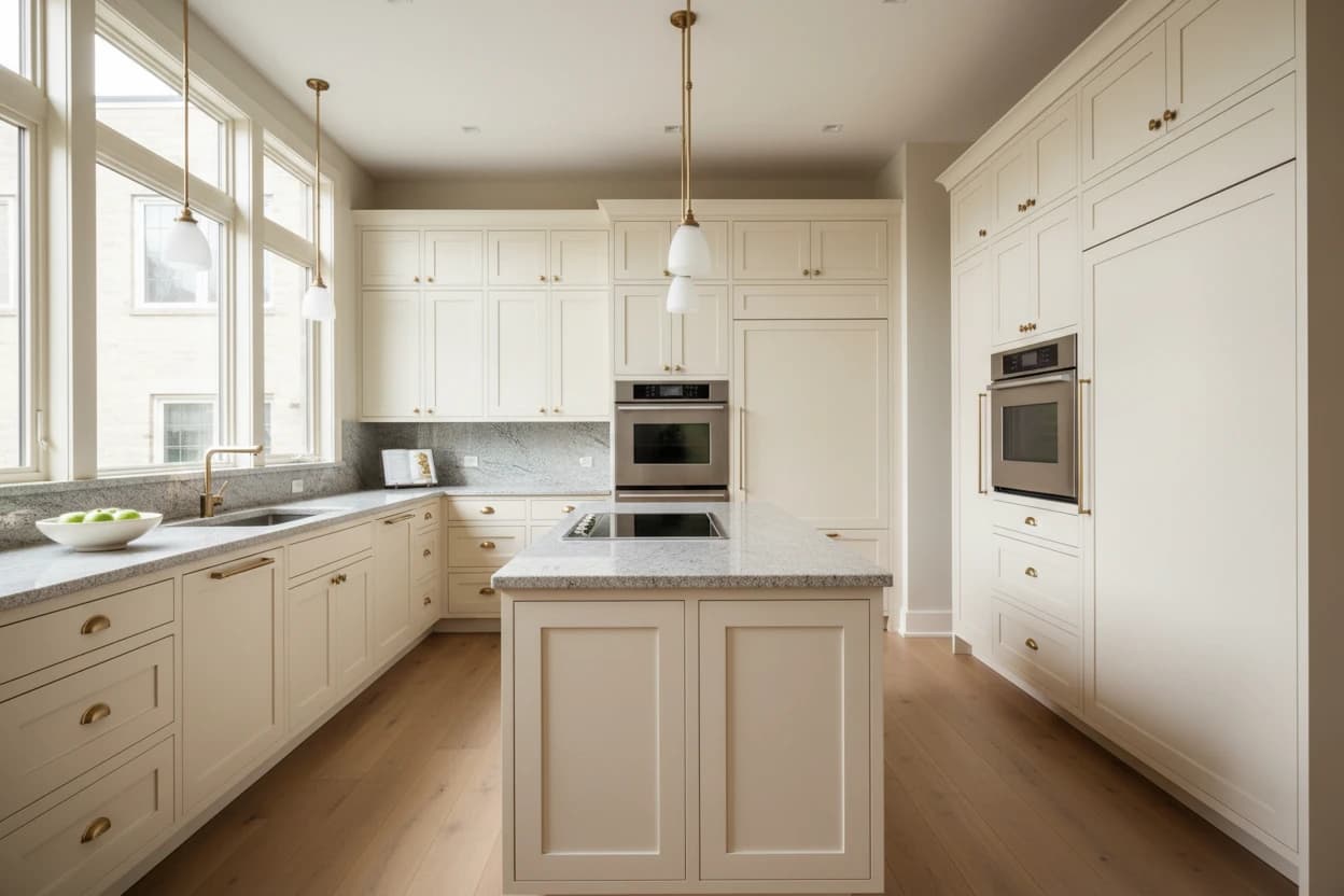 Cream shaker kitchen with granite counters, brass hardware, and light oak flooring
