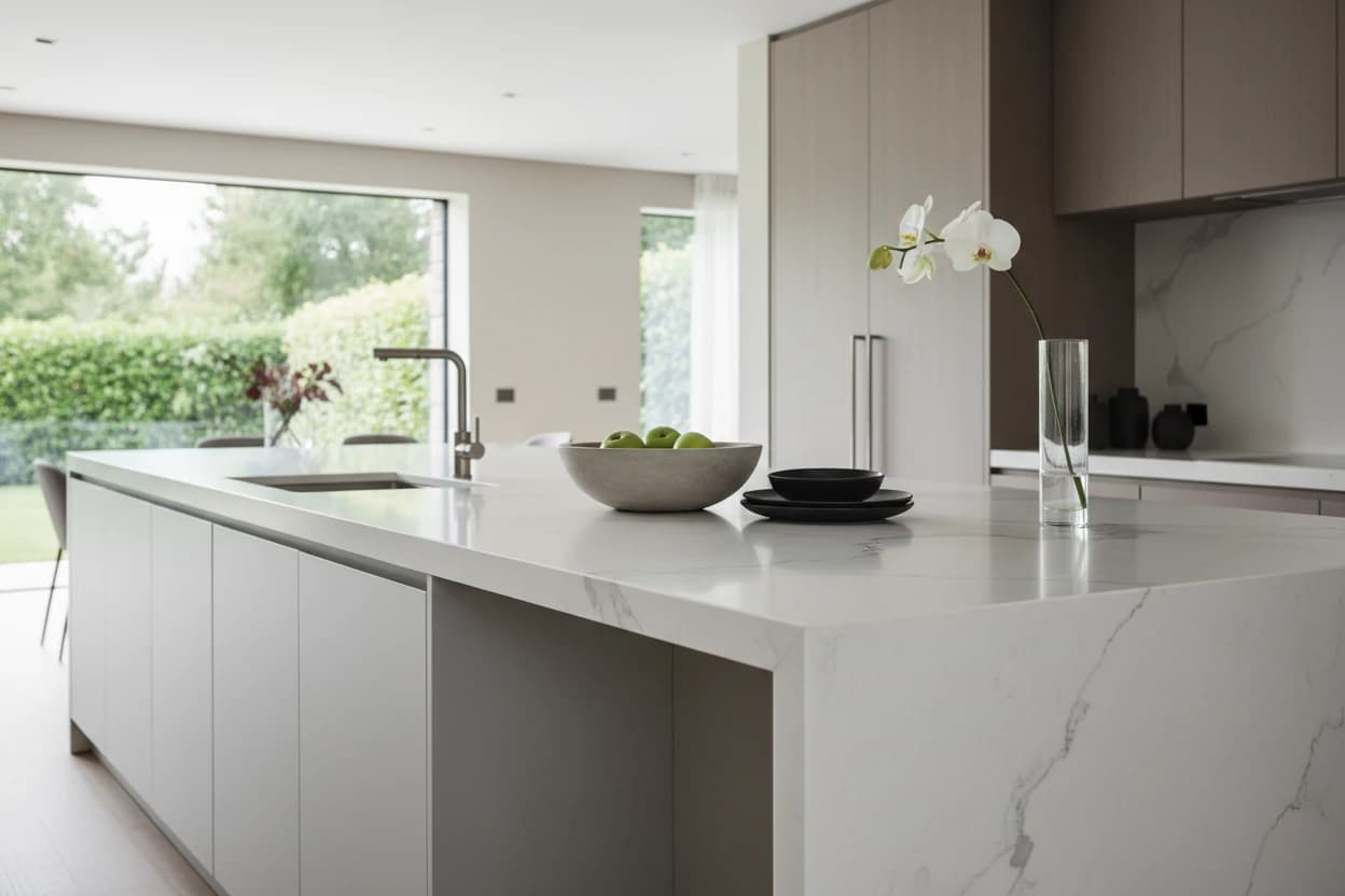 White quartz waterfall island with a veined marble backsplash and garden view