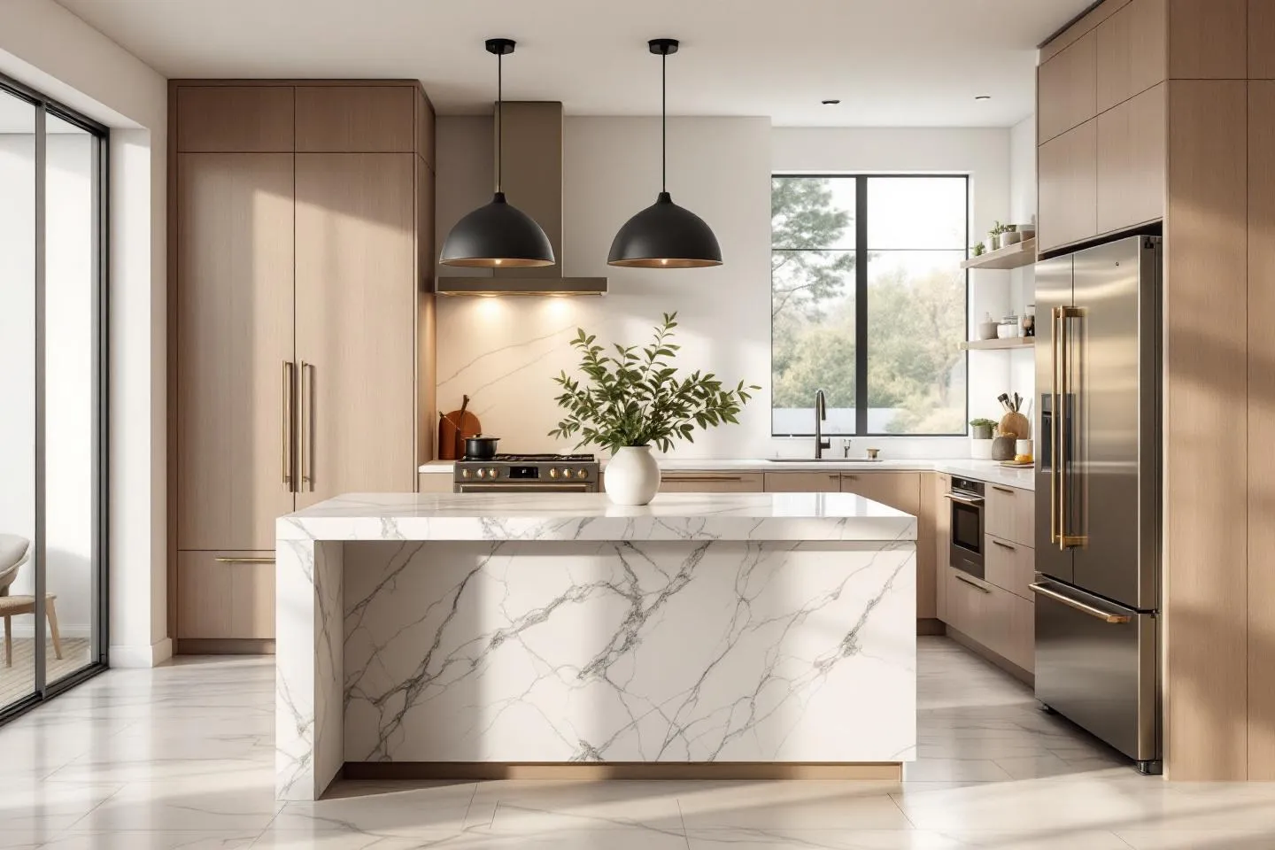 Modern kitchen with Calacatta marble island and custom white oak cabinetry showcasing a high-end remodel