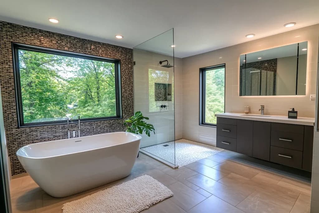 Freestanding tub and walk-in glass shower against a mosaic tile accent wall