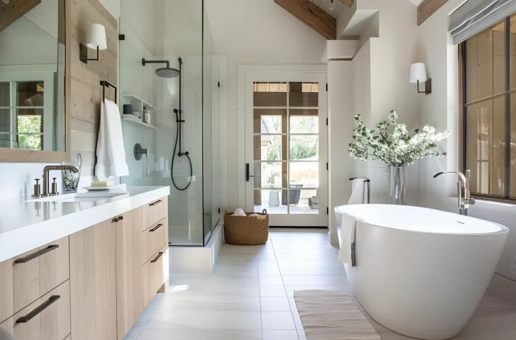 White bathroom with a soaking tub, glass shower, and light oak double vanity