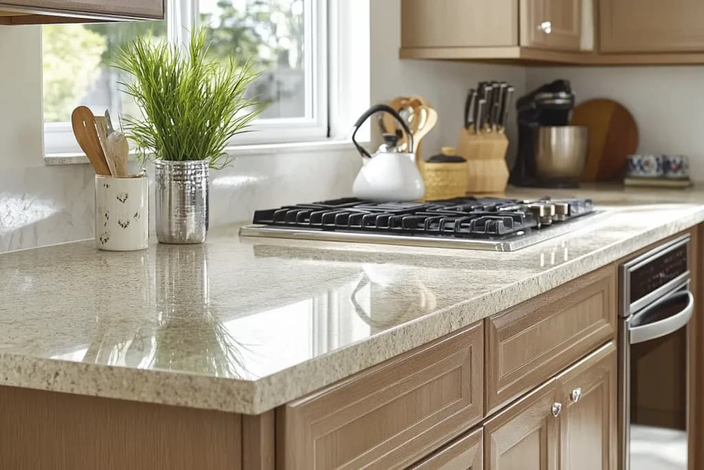 Speckled granite countertop with a built-in gas cooktop and light oak cabinetry