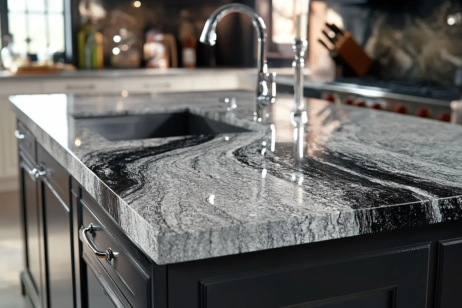 Elegant kitchen countertop featuring Silver Cloud granite with striking black and gray veining