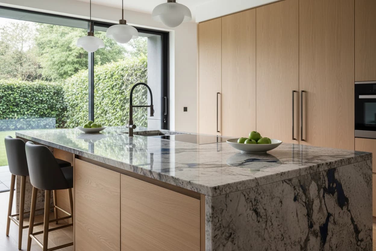 Granite waterfall island with white oak cabinetry and pendant lights over a garden view