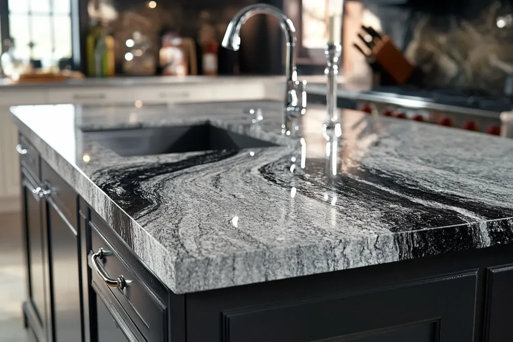Elegant kitchen countertop featuring Silver Cloud granite with striking black and gray veining