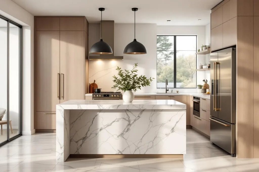 Modern kitchen with Calacatta marble island and custom white oak cabinetry showcasing kitchen remodeling design options in Charlotte